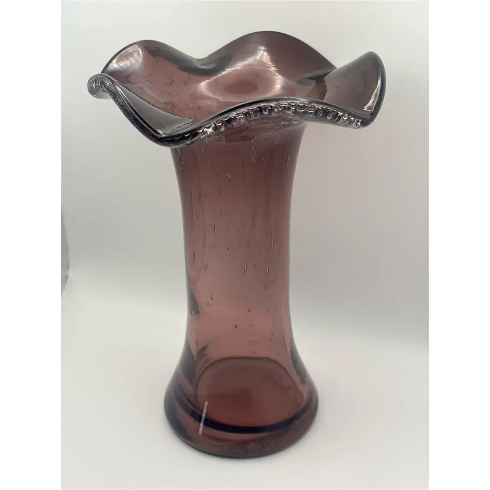 Vintage Amethyst Purple Vase with Ruffled Top, Hand Blown Art Glass Flower Vase